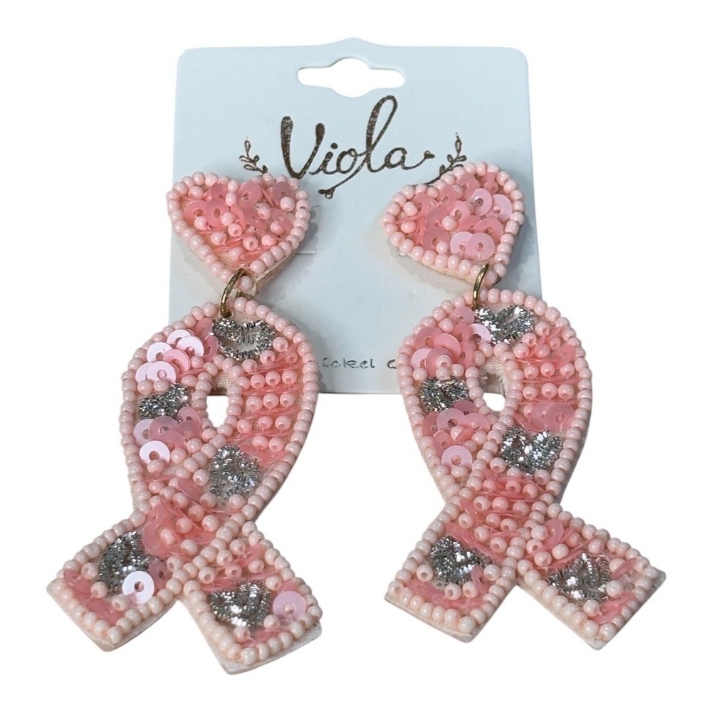 Viola Breast Cancer Awareness Ribbon Earrings Women OS Pink Beaded Sequins Heart